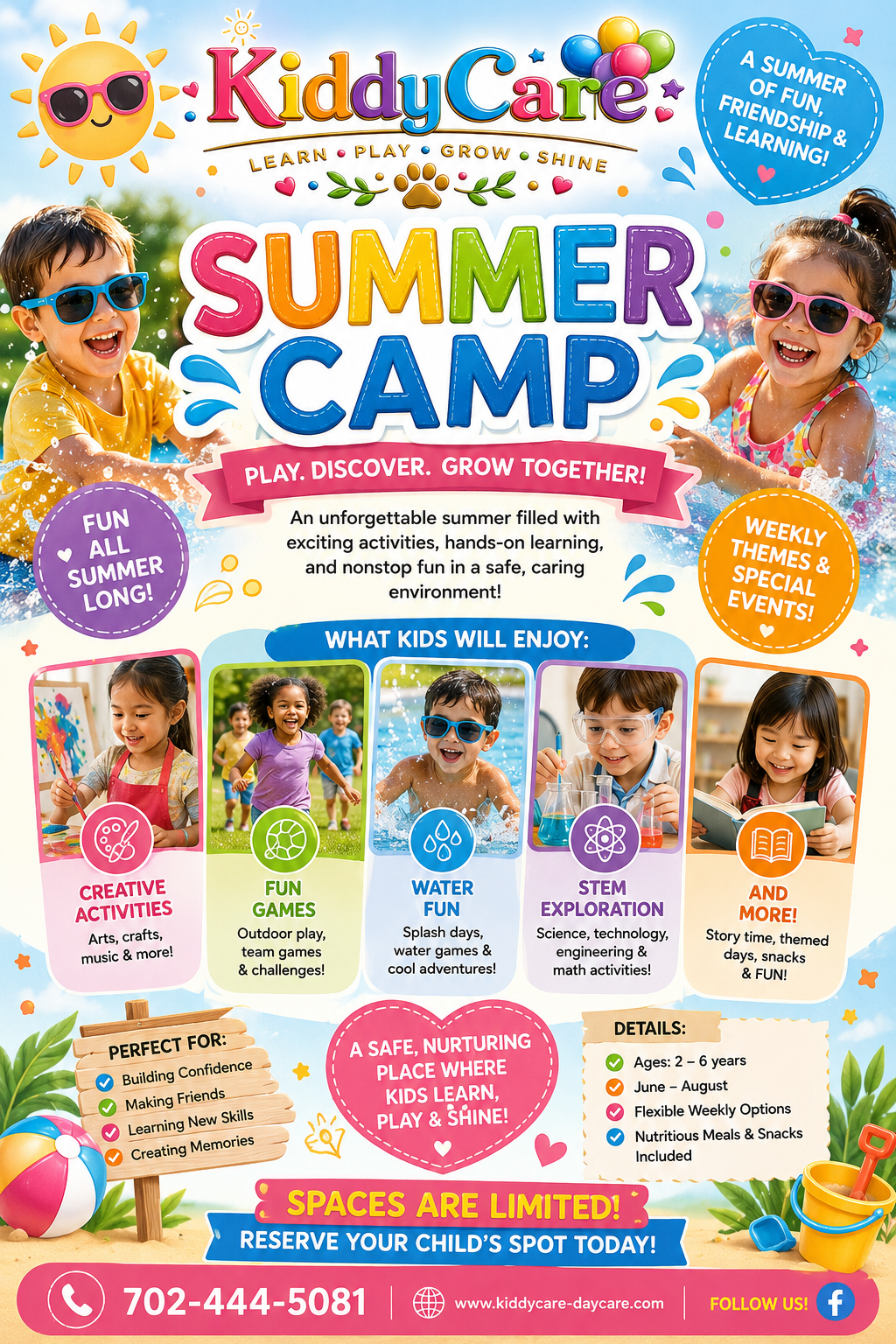 KiddyCare Daycare Summer Camp Flyer — Play, Discover, Grow Together. Ages 2–6 years, June–August. Creative activities, fun games, water fun, STEM exploration, and more.